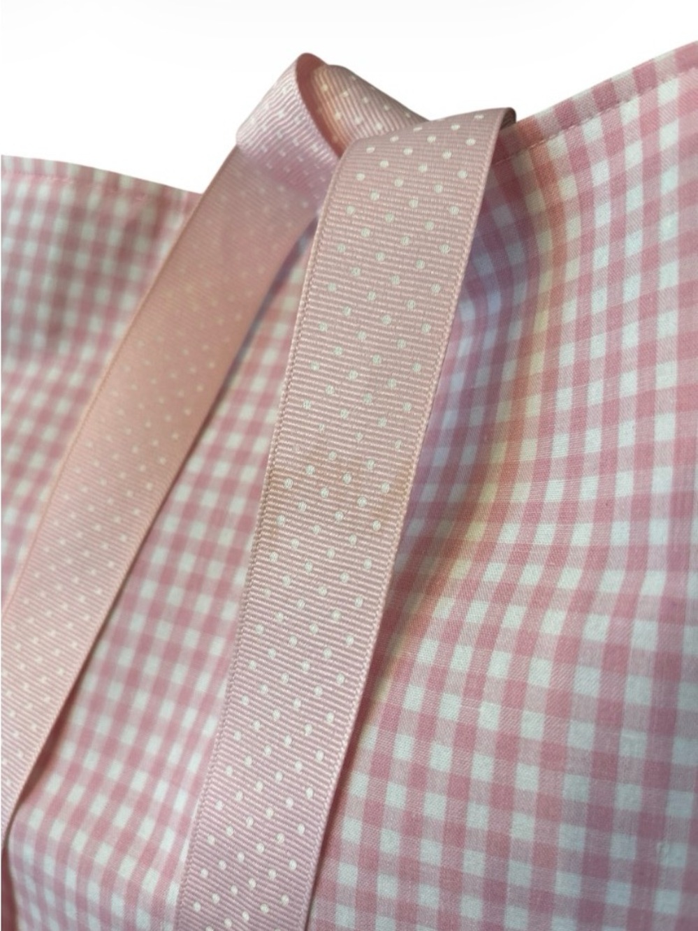 Pink Gingham Tote Bag. Black Straps. Ribbon Accent. Lined. Snap Closure. SKU 30 - Picture 4 of 8